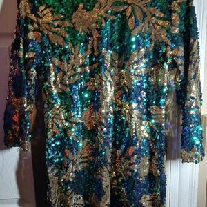Sequin Dress with Green and Gold Floral Pattern